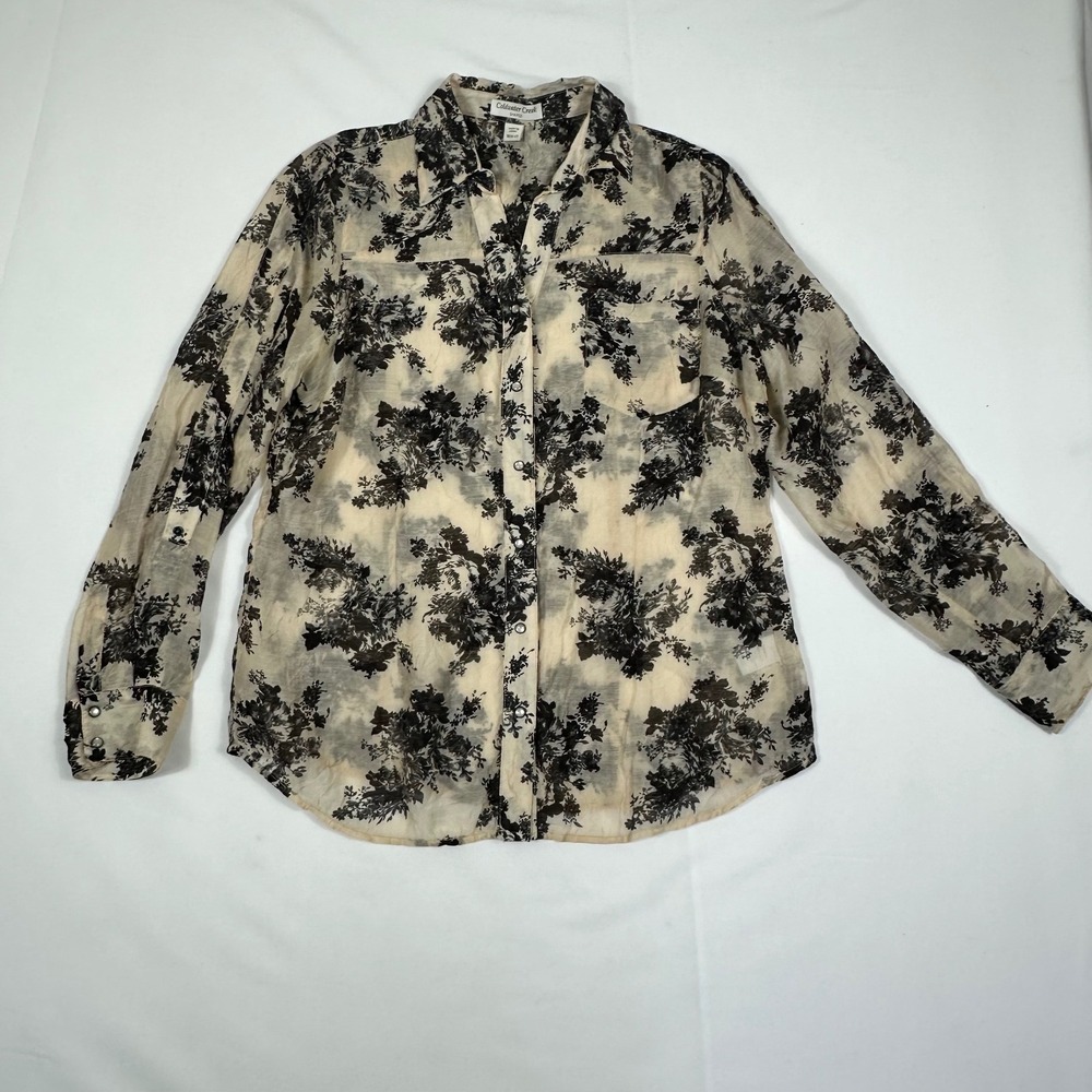 Coldwater Creek Shaped Floral Lyocell Button Front Blouse Cream Black Size M